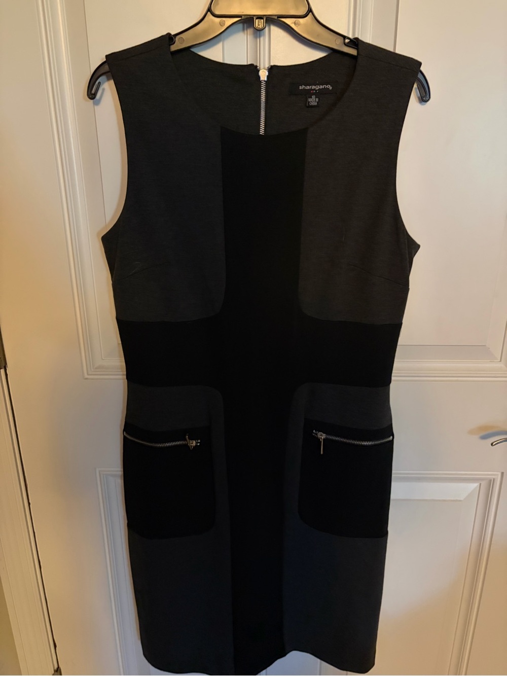 Sharagano Black and Charcoal Colorblock Midi Sheath Dress